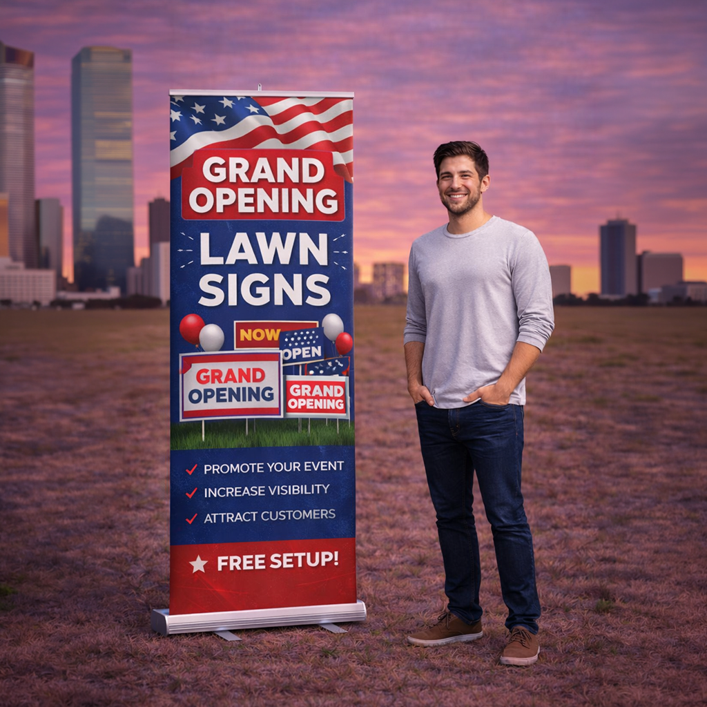 retractable banners next to a guy in field